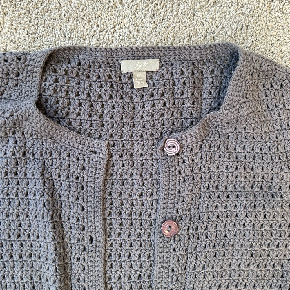 J. Jill Gray/Steel Blue Crocheted Long Cardigan with  Pockets
